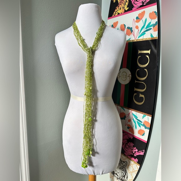 Handmade Accessories - Artisan Seed Beaded Pearlescent Green Scarf Necklace Mermaidcore Hippie Unique